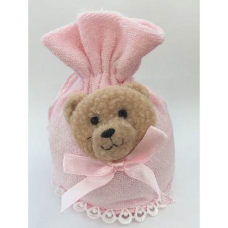 Sacchetto rosa morbidoso con orsetto